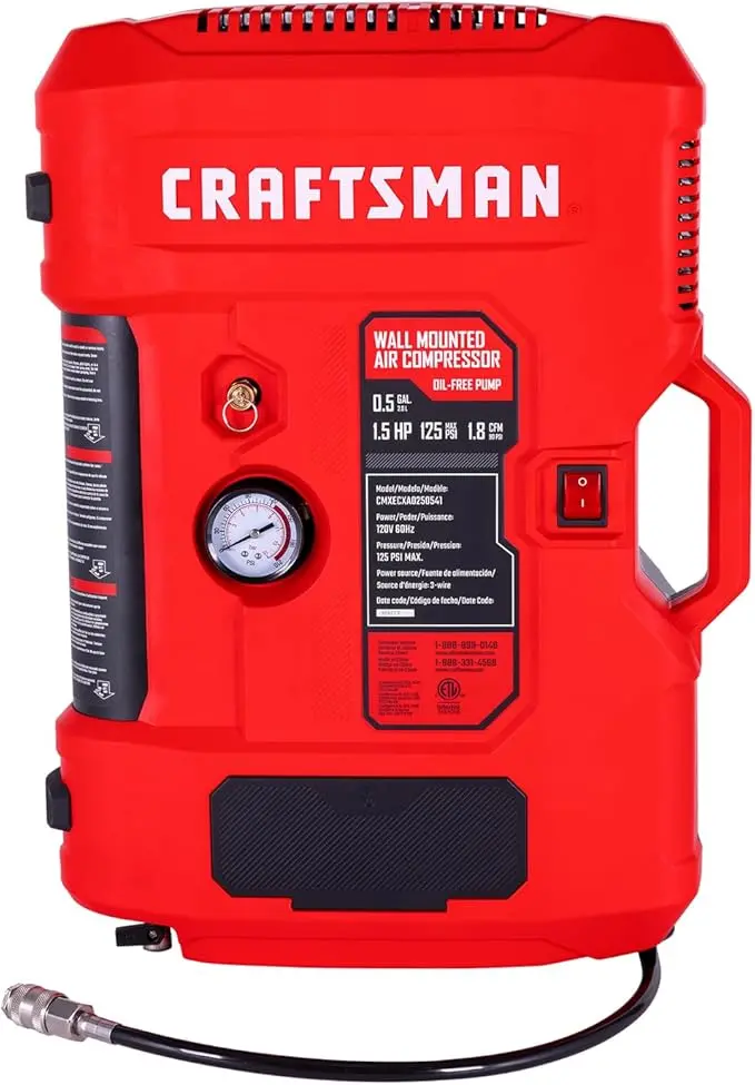 Craftsman Oil-Free Wall-Mount Air Compressor – 1.5 Hp, 125 Psi, 30-Foot Retractable Hose & Regulator 1