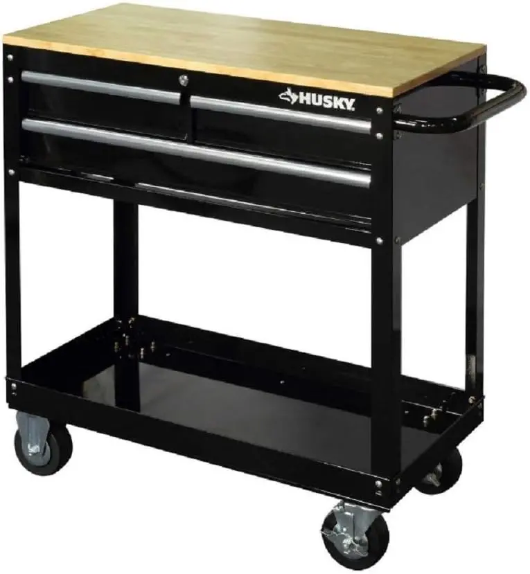 Husky 36-Inch 3-Drawer Rolling Tool Cart – Black Finish With Solid Wood Top 1