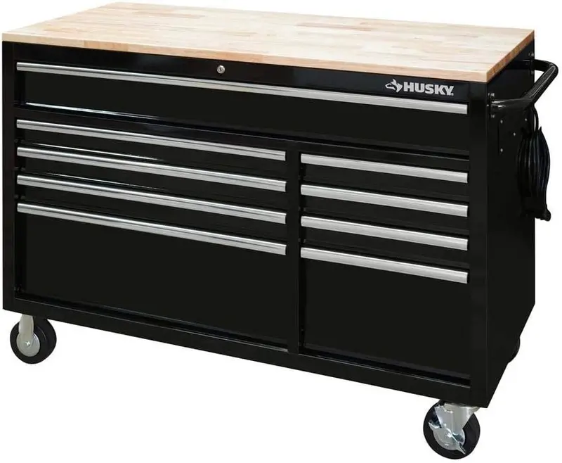 Husky 52-Inch Black Mobile Workbench – 9-Drawer Design With 24.5-Inch Depth 1