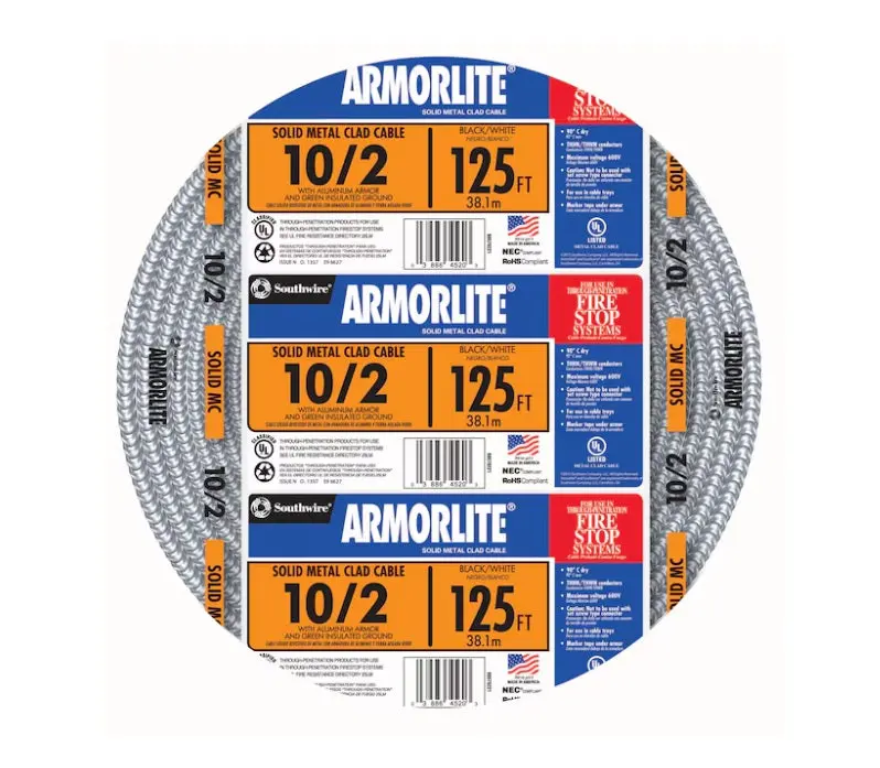 Southwire 10/2 Armorlite Metal-Clad (Mc) Cable With Aluminum Armor — 125 Ft, 30-Amp Rated 1