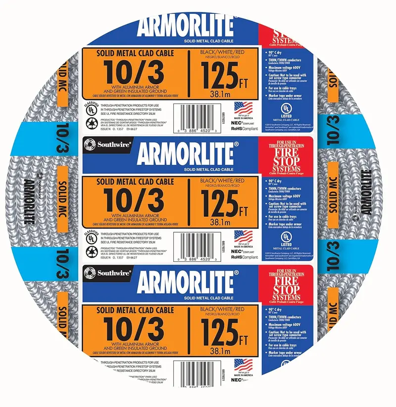 Southwire 10/3 Armorlite Metal-Clad (Mc) Cable With Aluminum Armor — 125 Ft Length 1
