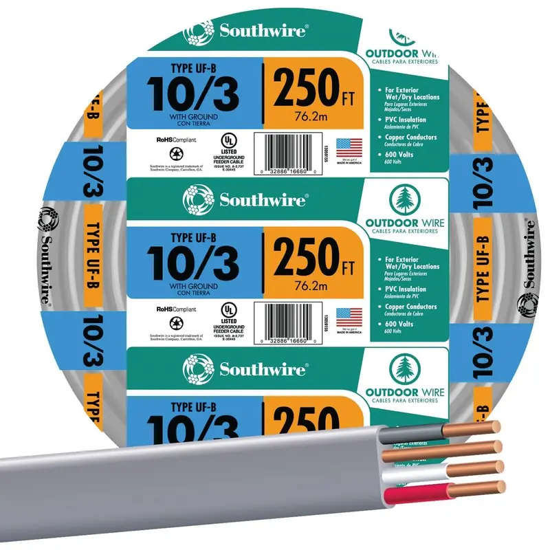 Southwire 10/3 Uf-B Underground Feeder Cable With Ground – 250 Ft, 600V (Model 13059155) 1