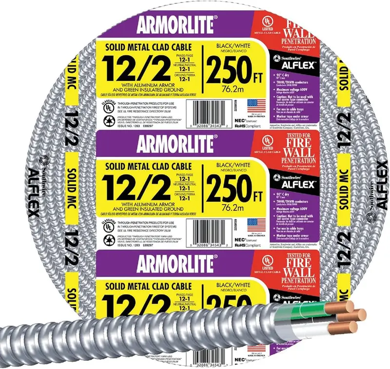Southwire 12/2 Mc Lite Solid Copper Armored Cable With Aluminum Armor — 250 Ft (68580055) 1