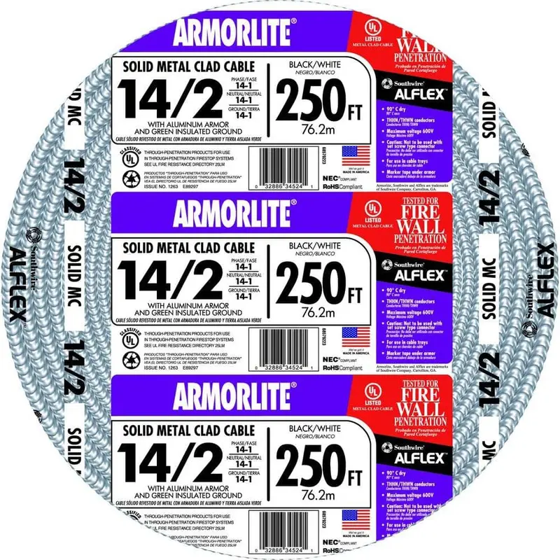 Southwire Armorlite 14/2 Mc Aluminum Armored Cable — 250 Ft, 600V Rating (68579201) 1