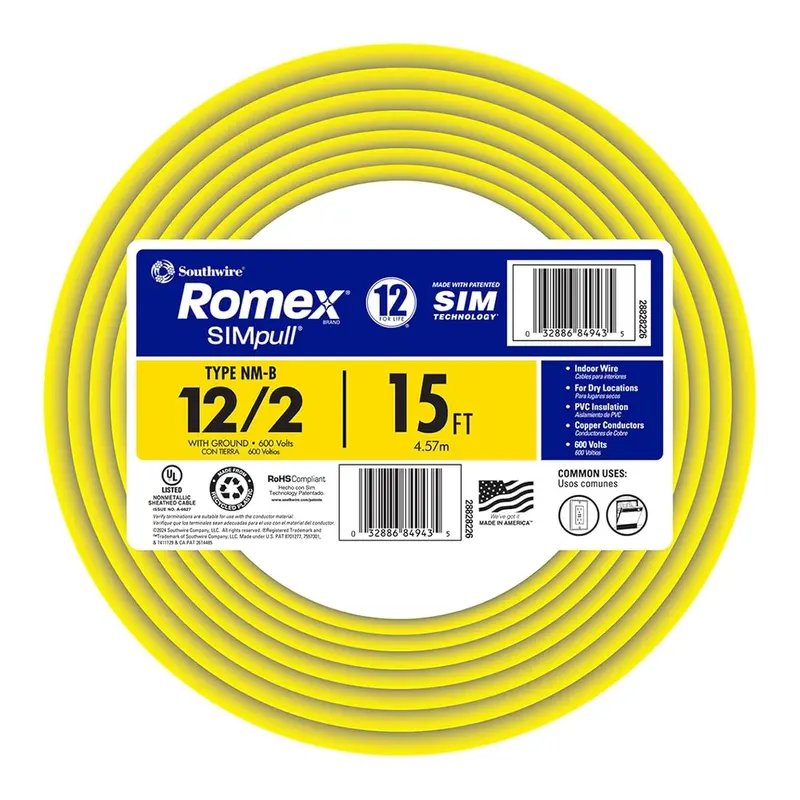 Southwire Romex Simpull 12/2 Nm-B Copper Wire With Ground — 15 Ft, Yellow Jacket (28828226) 1