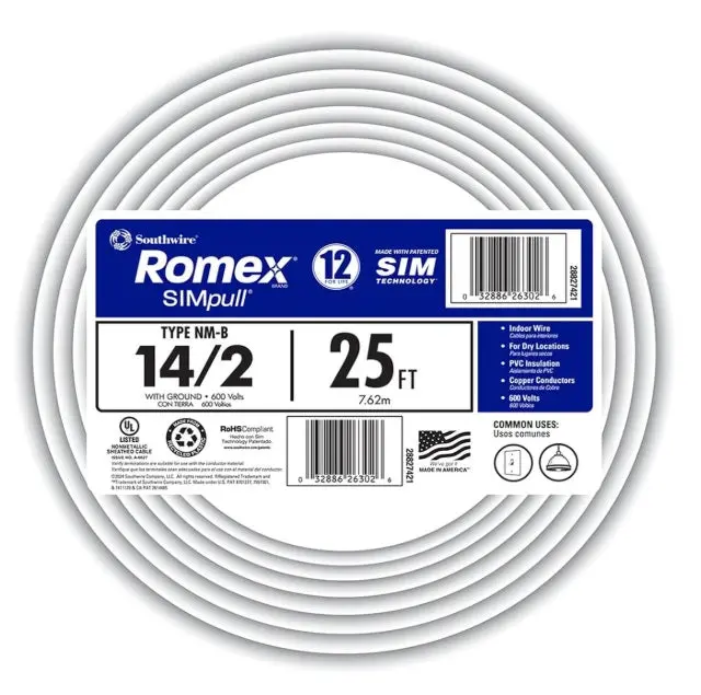Southwire Romex Simpull 14/2 Nm-B Copper Building Wire With Ground — 25 Ft, White Jacket (28827421) 1
