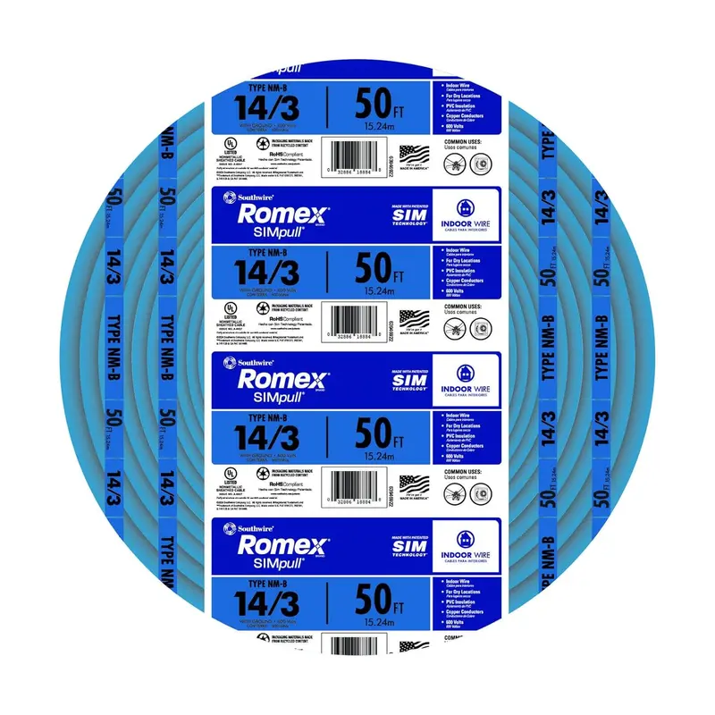 Southwire Romex Simpull 14/3 Nm-B Copper Wire With Ground — 50 Ft, Blue Jacket (63946922) 1