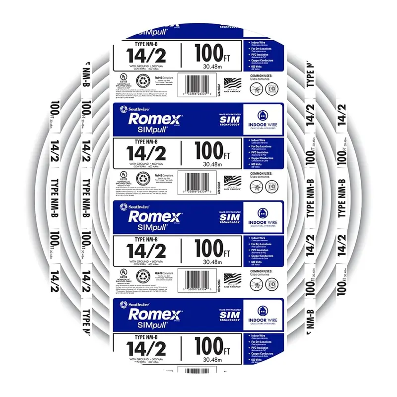 Southwire Simpull 14/2 Nm-B Copper Romex Wire With Ground – 100 Ft, White (Model 28827423) 1