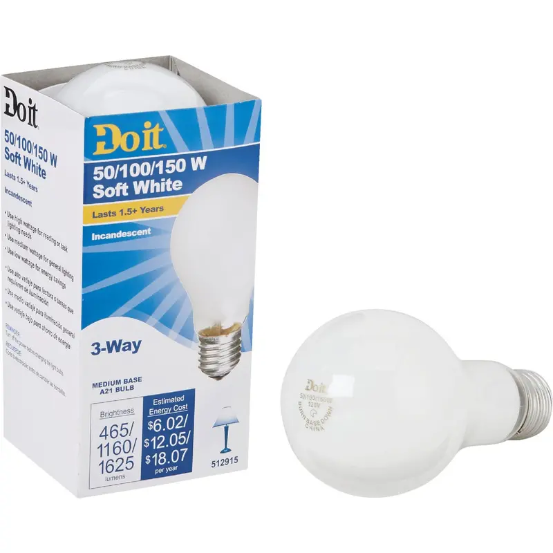 Do It Right 3-Way A21 Incandescent Bulb – Frosted Soft White, 50/100/150W Medium Base 1