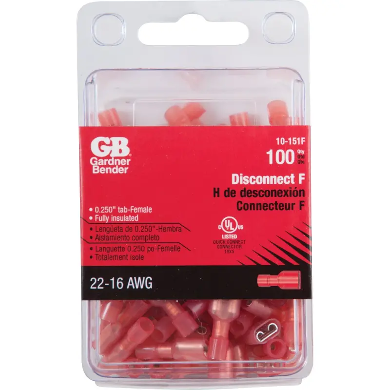 Gardner Bender Insulated Disconnects – Red, Female, 22–16 Awg, 100-Pack 1