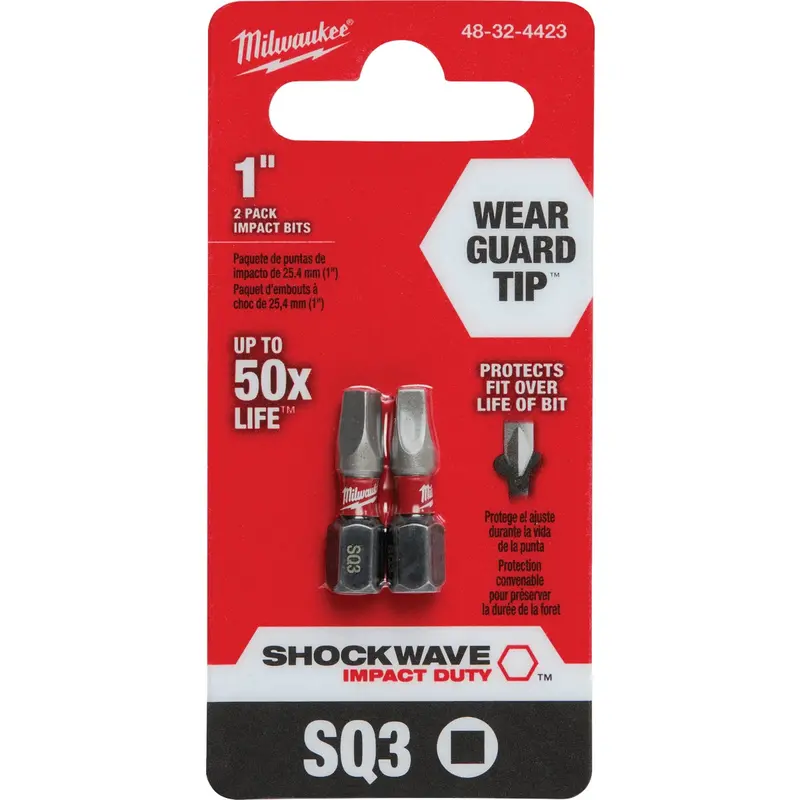 Milwaukee Shockwave #3 Square Recess Impact Screwdriver Bit – 1" Length, 2-Pack 1