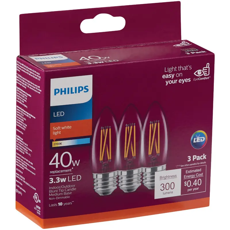 Philips Soft White Led Decorative Bulb – B11 Shape, 40W Equivalent (3-Pack) 1